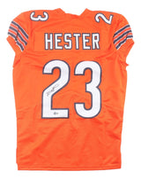The Sports Integrity Devin Hester Chicago Signed Orange Pro-Cut Football Jersey BAS features HESTER and 23 on the back with black, white, and orange striped sleeves, and 23 autographed in black marker.