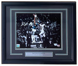 The Sports Integrity Devonta Smith Signed Framed 11x14 Philadelphia Eagles Photo features his autograph and a nameplate, capturing him making a leaping catch. Available from Fanatics.