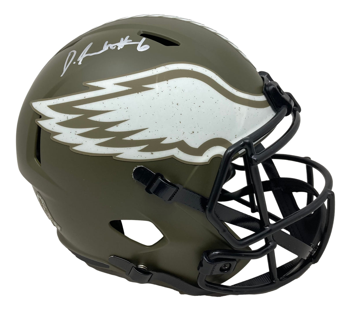 Sports Integrity Devonta Smith signed Eagles FS Salute To Service Speed Replica Helmet, olive green with white eagle wing logo, black facemask, white autograph, and #6 on top.