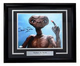 Sports Integrity’s Matthew De Merritt Signed Framed 11x14 ET Photo (JSA) features E.T. with a glowing finger and includes a plaque reading “Matthew De Merritt, E.T. the Extra-Terrestrial.”.