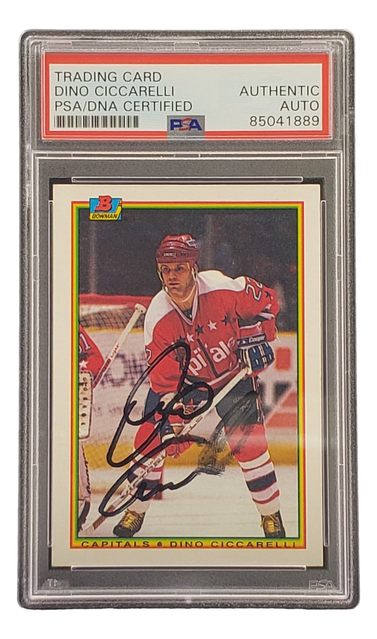 The Sports Integrity Dino Ciccarelli Signed 1990 Bowman #69 Washington Capitals Hockey Card comes PSA/DNA authenticated in a labeled slab.