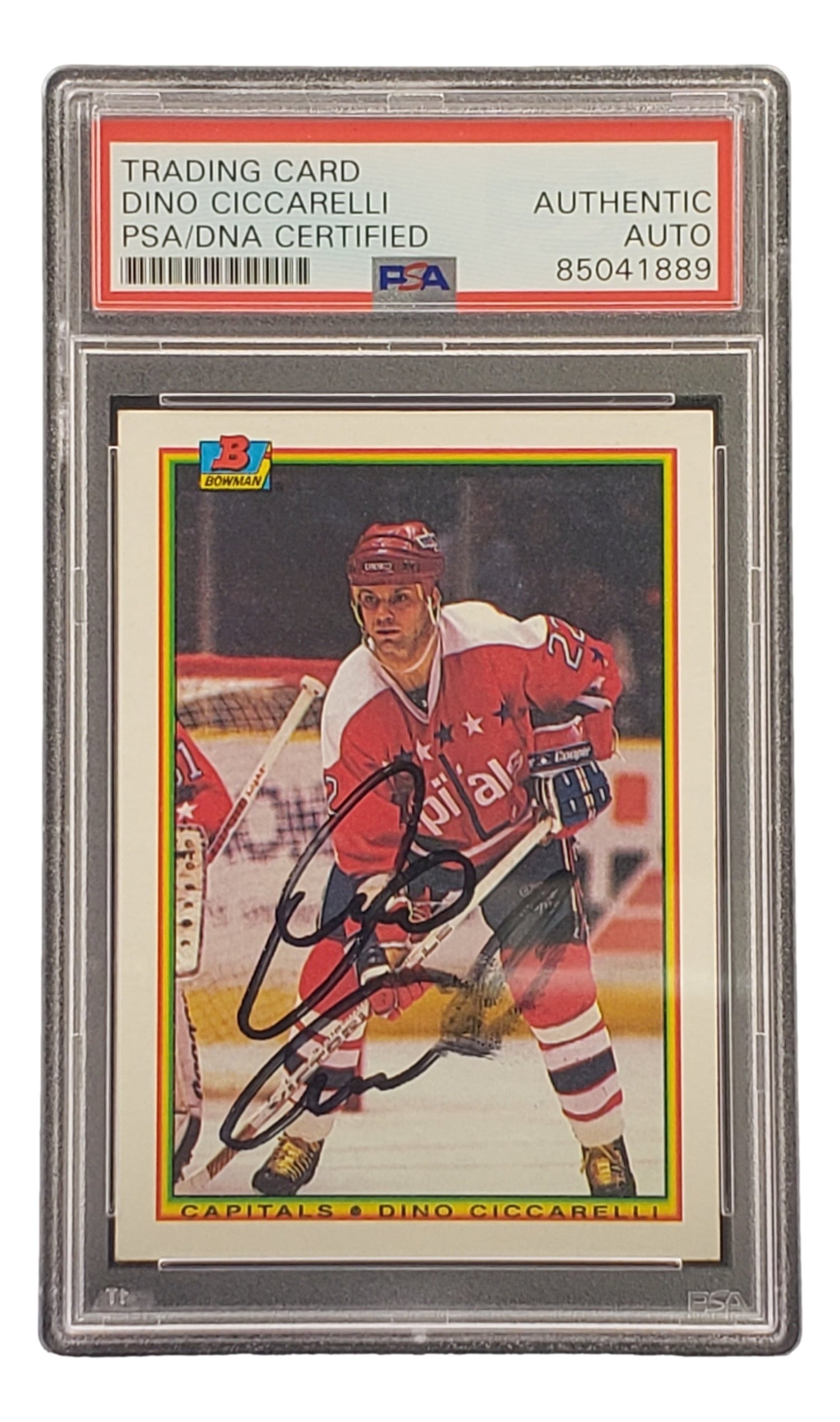 The Sports Integrity Dino Ciccarelli Signed 1990 Bowman #69 Washington Capitals Hockey Card comes PSA/DNA authenticated in a labeled slab.