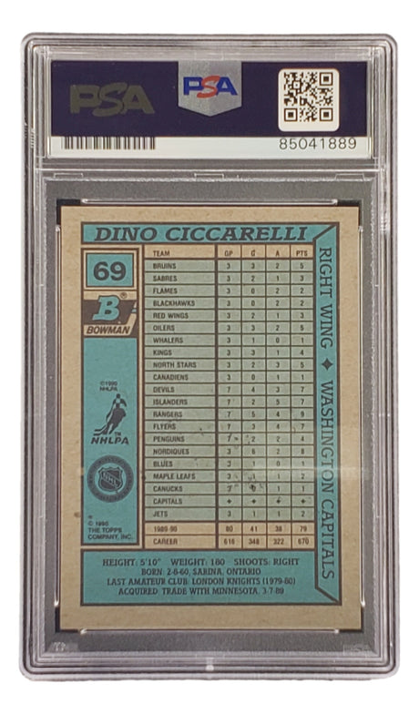 Sports Integrity’s Dino Ciccarelli Signed 1990 Bowman #69 Hockey Card features the Washington Capitals right wing, displays career stats and personal details, and is PSA/DNA authenticated and encased.