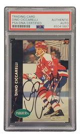 The Sports Integrity Dino Ciccarelli Signed 1991 Pro Set #193 Capitals Hockey Card is PSA/DNA certified, featuring Ciccarelli in a red Capitals uniform with #22 and holding a stick on the ice.