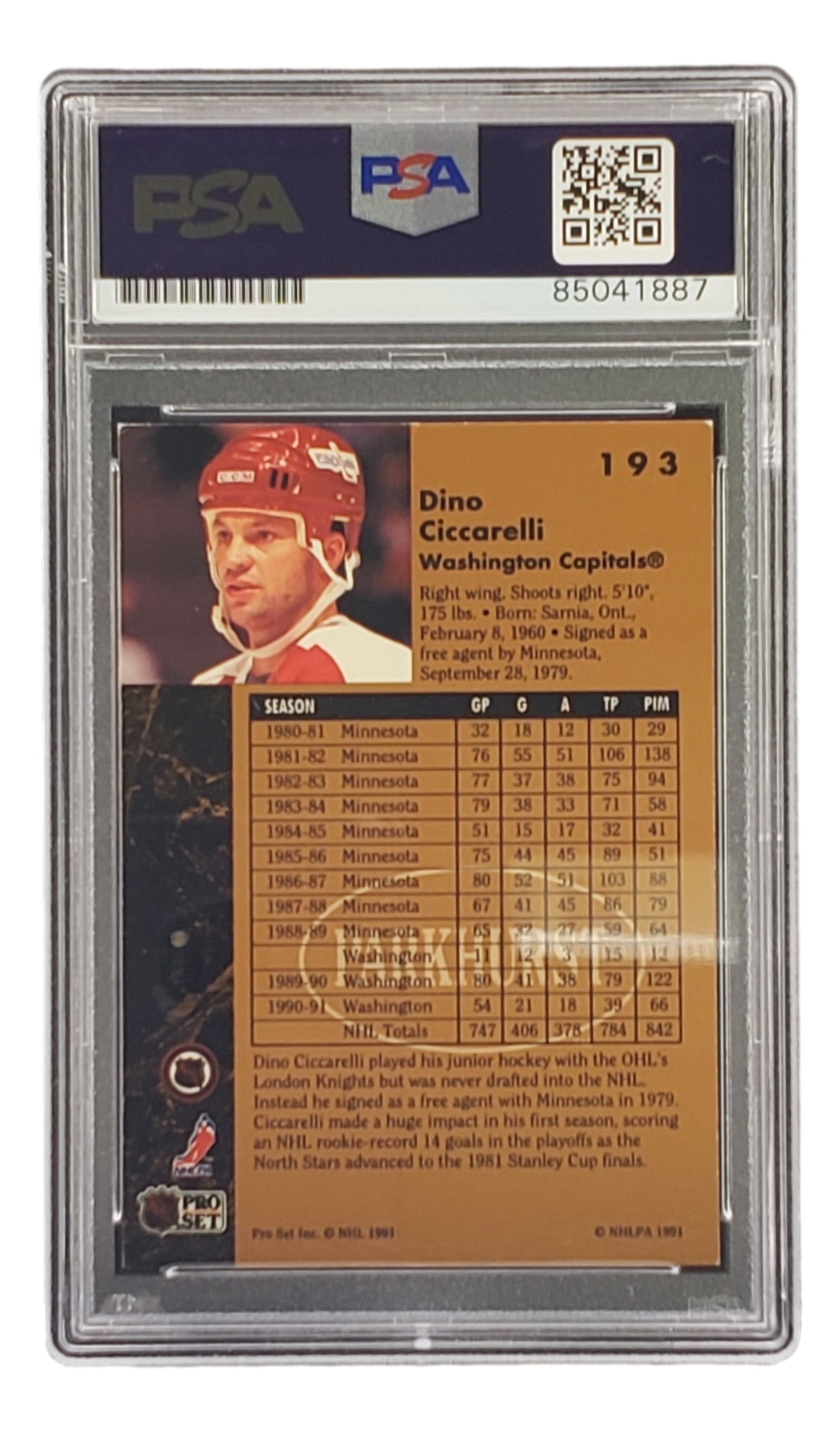 Dino Ciccarelli Signed 1991 Pro Set #193 Capitals Hockey Card PSA/DNA