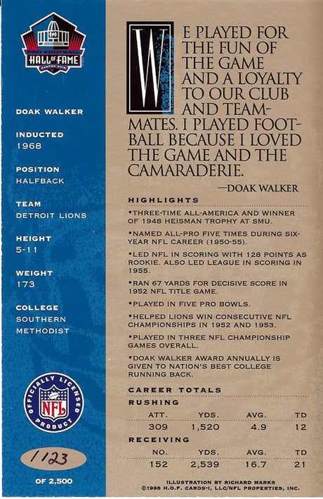 Doak Walker Autographed HOF Signature Series Card Detroit Lions #/2500 SKU #106032