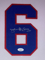 A Julius Dr J Erving Philadelphia Signed Framed White Basketball Jersey by Sports Integrity features a large blue number 6 with a red border sewn on white fabric, signed in silver ink and includes a JSA authentication sticker.