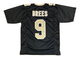 The Sports Integrity Drew Brees New Orleans Black Football Jersey features BREES and number 9 in gold and white lettering on the back.