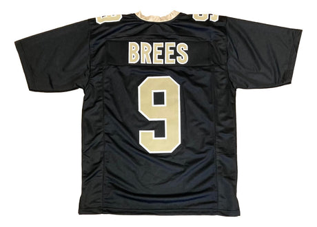 The Sports Integrity Drew Brees New Orleans Black Football Jersey features BREES and number 9 in gold and white lettering on the back.