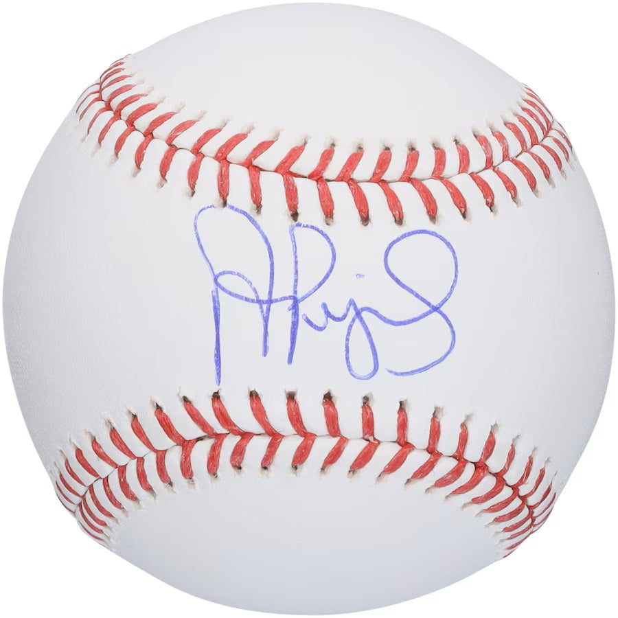 An official MLB baseball by Sports Integrity, signed in blue by Albert Pujols of the St. Louis Cardinals, featuring red stitching on a white surface.