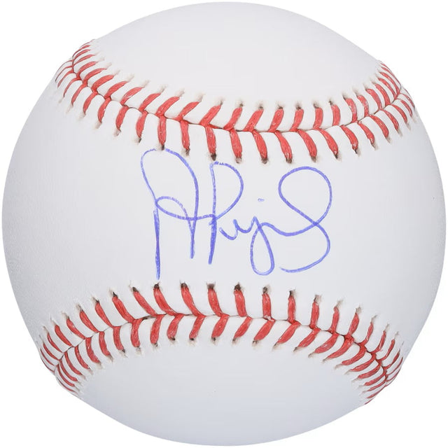 An official MLB baseball by Sports Integrity, signed in blue by Albert Pujols of the St. Louis Cardinals, featuring red stitching on a white surface.