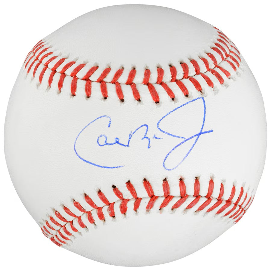The Sports Integrity Cal Ripken Jr. Baltimore Orioles Signed Official MLB Baseball features a blue autograph on a white ball with red stitching.