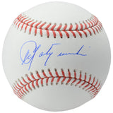 The Sports Integrity Carl Yastrzemski Boston Red Sox Signed Official MLB Baseball showcases a blue ink autograph across one of its white panels with red stitching.
