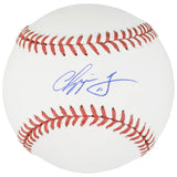 A Chipper Jones Atlanta Braves Signed Official MLB Baseball by Sports Integrity, featuring a blue autograph on a white ball with red stitching.