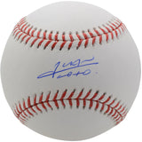 The Sports Integrity Juan Soto New York Mets Signed Official MLB Baseball features red stitching and a blue signature across one of its white panels.