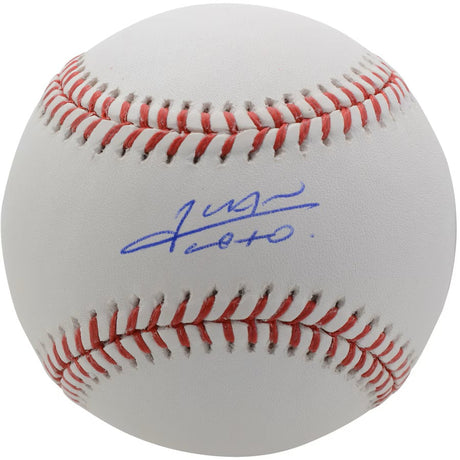 The Sports Integrity Juan Soto New York Mets Signed Official MLB Baseball features red stitching and a blue signature across one of its white panels.