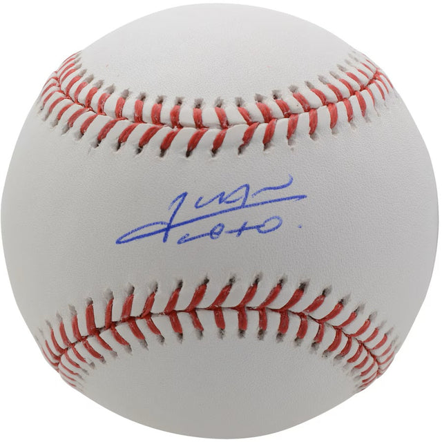The Sports Integrity Juan Soto New York Mets Signed Official MLB Baseball features red stitching and a blue signature across one of its white panels.