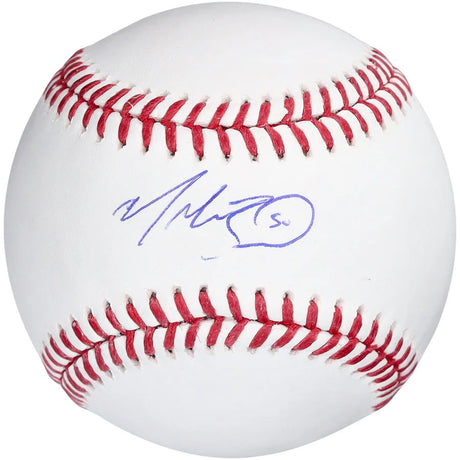 The Mookie Betts Los Angeles Dodgers Signed Official MLB Baseball by Sports Integrity features a blue-ink autograph and the number 50 on a white ball with red stitching.