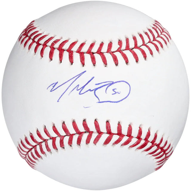 The Mookie Betts Los Angeles Dodgers Signed Official MLB Baseball by Sports Integrity features a blue-ink autograph and the number 50 on a white ball with red stitching.