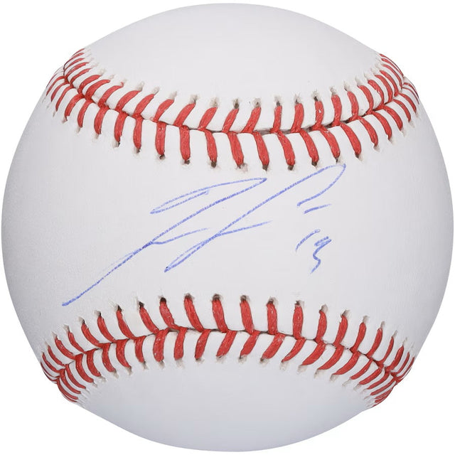 The Sports Integrity Ronald Acuna Jr Atlanta Braves Signed Official MLB Baseball is a white ball with red stitching and features a blue autograph across the surface.