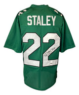 Duce Staley Philadelphia Kelly Green football jersey by Sports Integrity, featuring STALEY and number 22 on the back. The number 22 is autographed in black marker. Jersey has white and black accents.