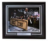 The Dudley Boyz Signed Framed 16x20 WWE Photo by Sports Integrity features both wrestlers in black outfits, walking down a wrestling ramp with a wooden table, autographed and perfect for any fan's collection.