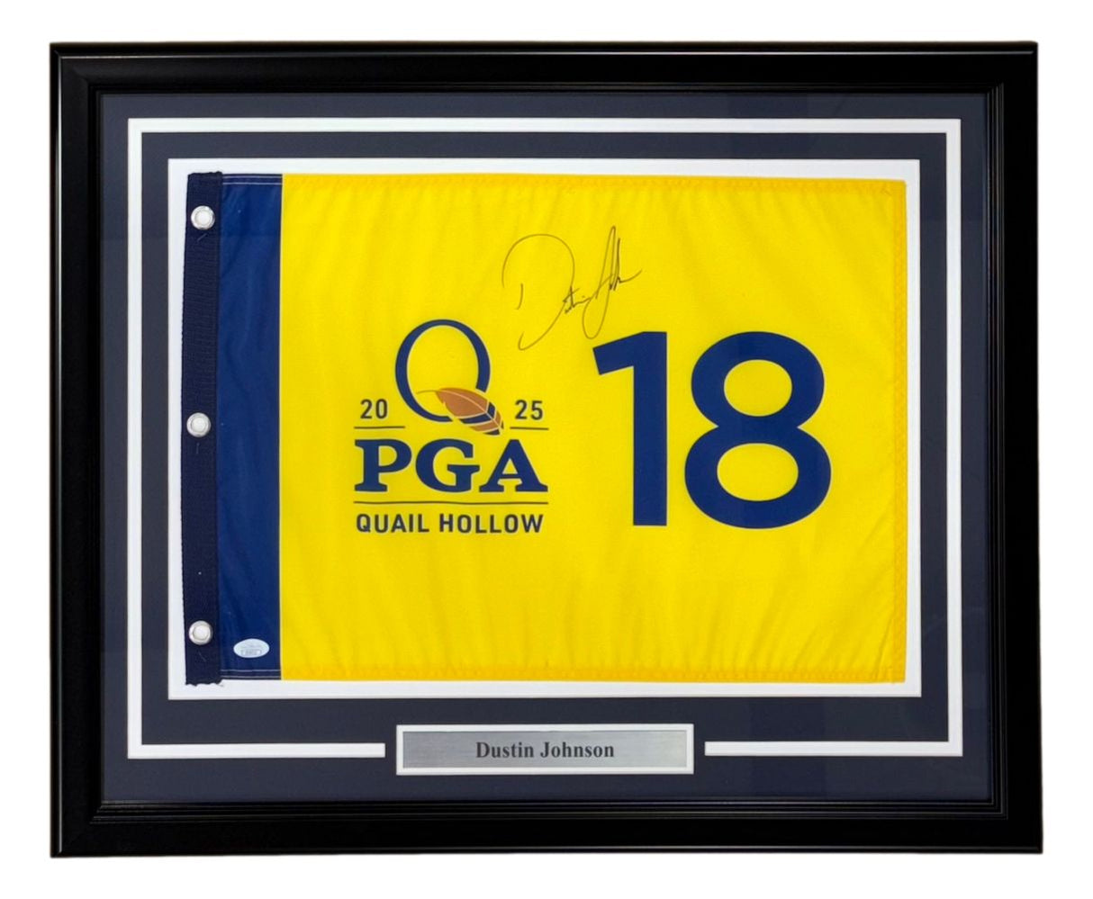 Sports Integrity Dustin Johnson signed and framed 2025 PGA Championship golf flag, authenticated by JSA.