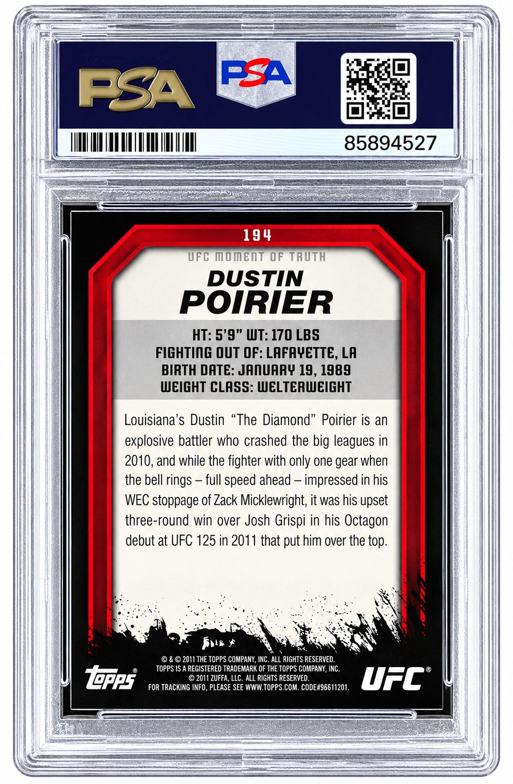 Dustin Poirier Signed 2011 Topps MMA Moment Of Truth #194 Rookie Card PSA/DNA