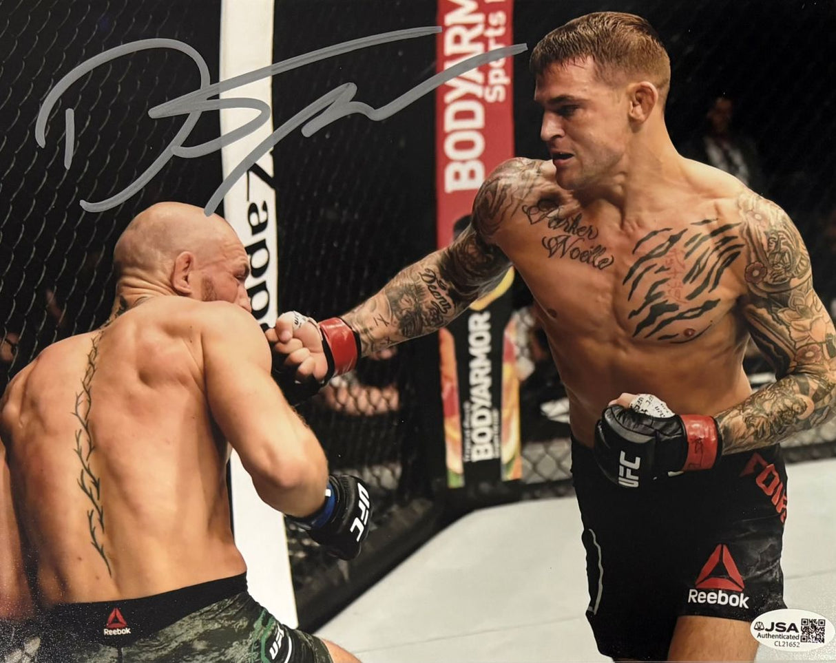 Dustin Poirier Signed 8x10 MMA Fight vs Conor McGregor Photo JSA QR