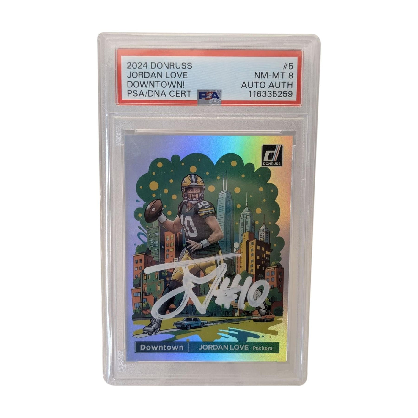 Jordan Love Autographed 2024 Donruss Downtown #5 Authenticated Auto PSA 8 NM-MT