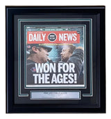 The Sports Integrity Super Bowl LII (52) Philadelphia Eagles Framed Champions Full Daily News Newspaper features the historic "WON FOR THE AGES!" cover with two celebrating fans and a plaque reading "PHILADELPHIA EAGLES Super Bowl LII Champions.