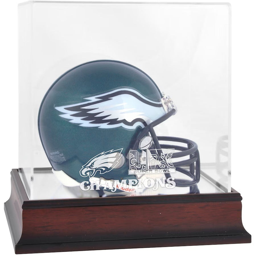 Philadelphia Eagles Super Bowl LIX Champions Mahogany Mini Helmet Logo Display Case