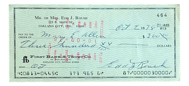 Edd Roush Cincinnati Reds Signed Bank Check #464 BAS - Sports Integrity