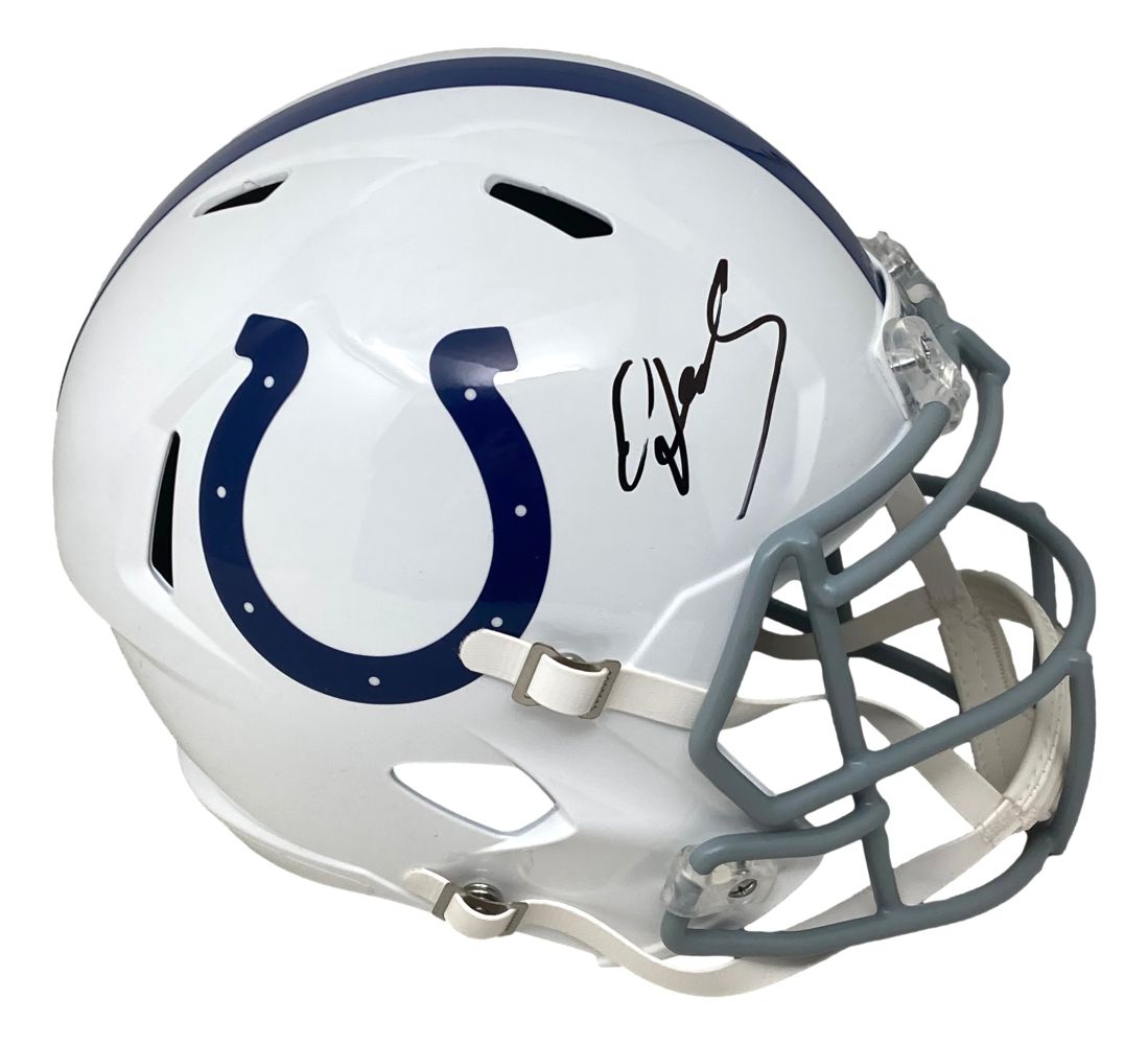 The Edgerrin James Signed Indianapolis Colts Full Size Speed Replica Helmet by Sports Integrity features a white shell with a blue horseshoe logo, black autograph above, gray facemask, and ventilation holes.