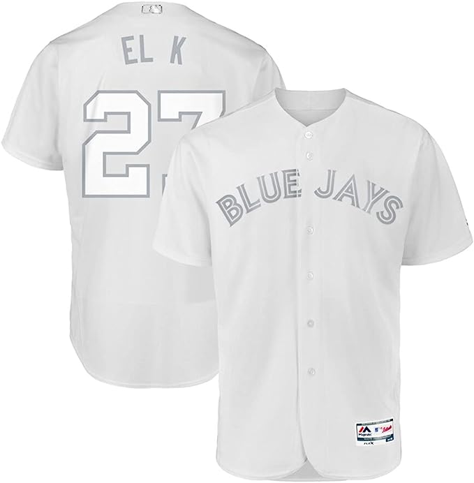 A Vladimir Guerrero Toronto Blue Jays Players Weekend Majestic Jersey by Sports Integrity is shown in white. The front displays BLUE JAYS in gray, while the back features EL K and the number 27 in gray.