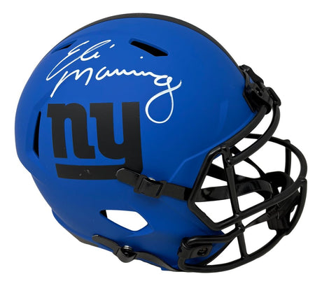The Sports Integrity Eli Manning Signed New York Giants FS Rave Speed Replica Helmet features a blue shell, black face mask, "ny" logo, and a white autograph on top.