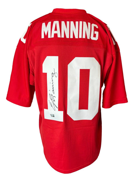 A Sports Integrity Eli Manning Signed New York Giants M&N 2004 Red Legacy Jersey features “MANNING” and number 10 in white, with his signature on the back number 1.