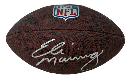 The Sports Integrity Eli Manning New York Giants Signed Full Size Replica NFL Duke Football features a brown design, the NFL logo above Eli Manning’s white signature on the side.