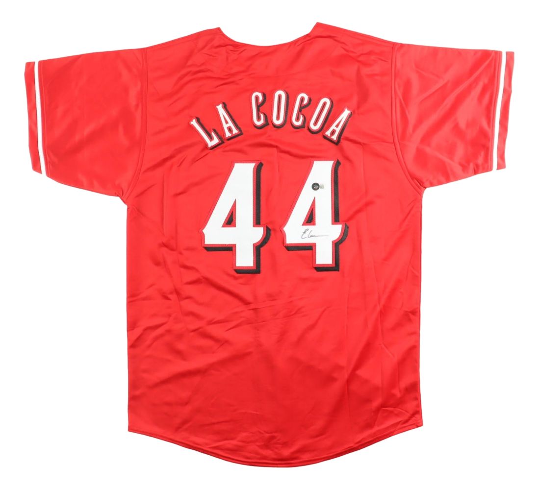 A red Elly De La Cruz Cincinnati "La Cocoa" baseball jersey by Sports Integrity, signed and featuring the number 44 on the back.