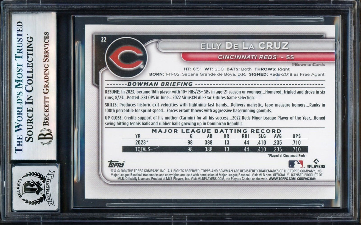 Elly De La Cruz Signed 2024 Bowman #22 Cincinnati Reds Rookie Card BAS Auto 10