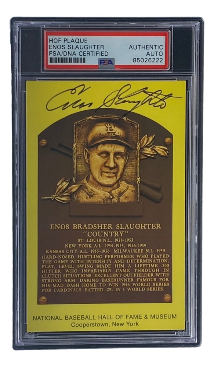 Enos Slaughter Signed 4x6 St Louis Cardinals HOF Plaque Card PSA/DNA 85026222 - Sports Integrity