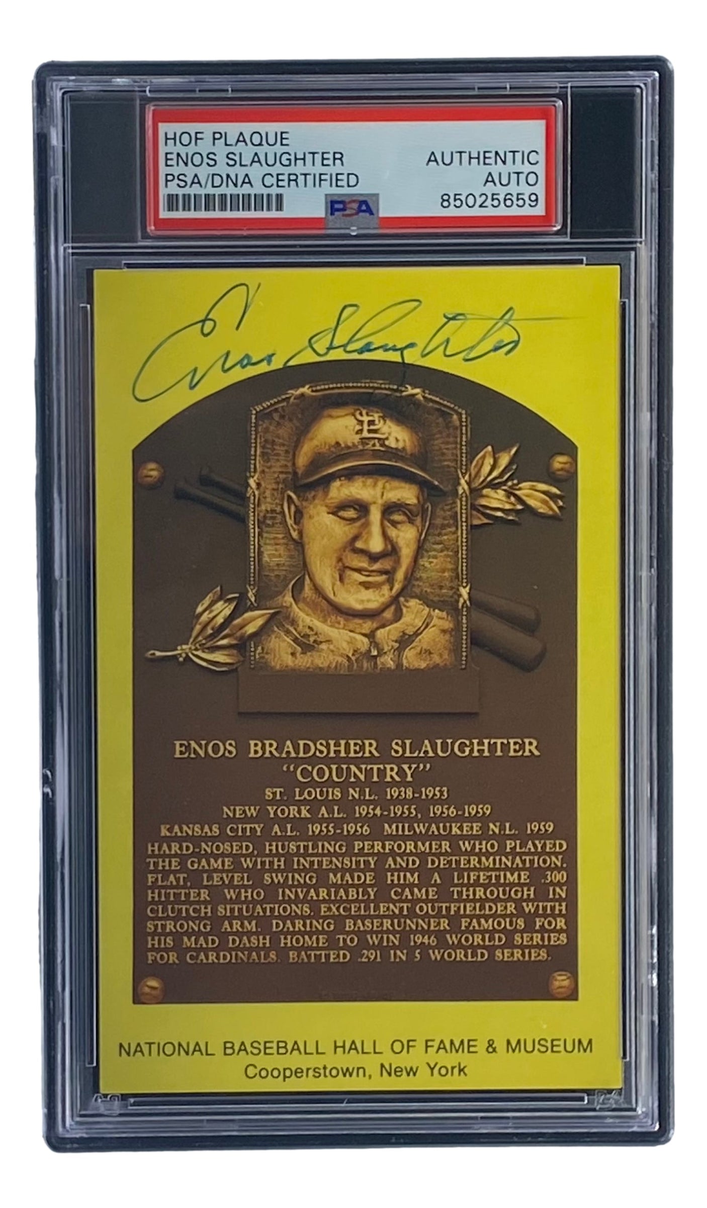 Enos Slaughter Signed 4x6 St Louis Cardinals HOF Plaque Card PSA/DNA 85025659