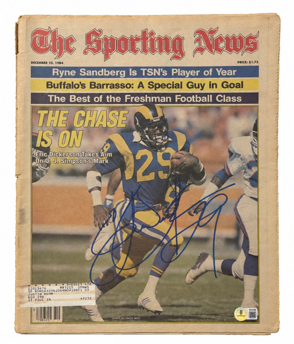 Eric Dickerson Los Angeles Rams Signed 1984 Sporting News Newspaper BAS