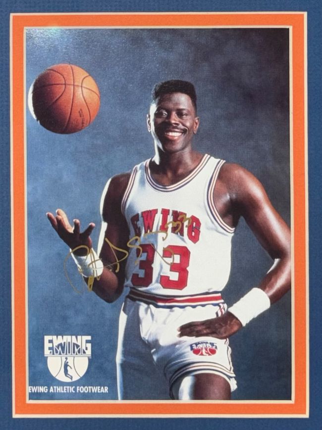 Patrick Ewing Signed Framed 4x6 Photo w/ 8x10 New York Knicks Photo BAS LOA