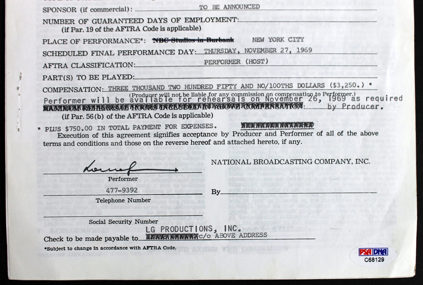 Lorne Greene Bonanza Signed Macy's Thanksgiving Day Parade Contract PSA #C68129