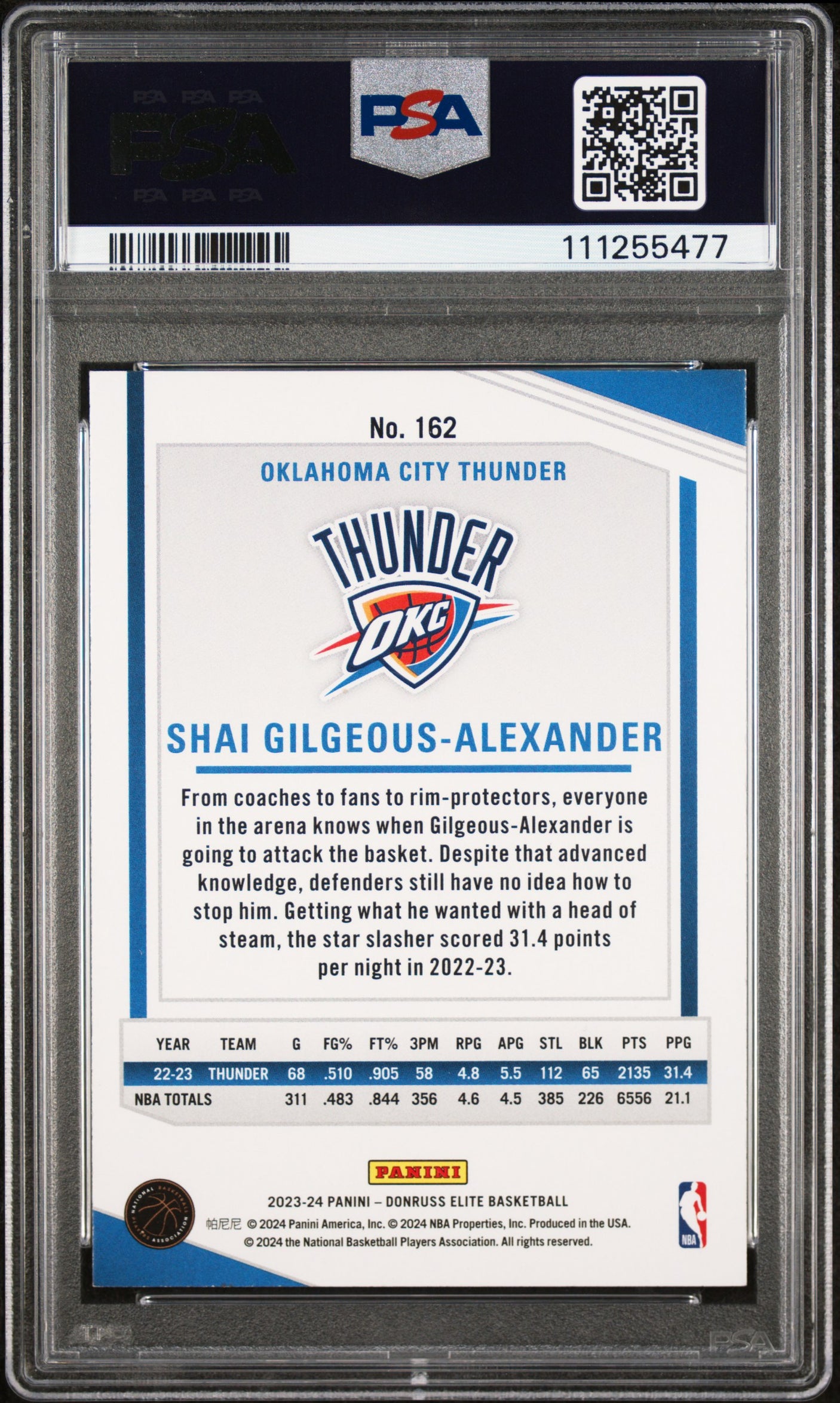 Shai Gilgeous-Alexander Signed 2023 Donruss Elite Inter #162 Card Auto PSA Slab