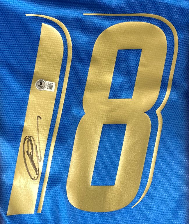 Sports Integrity Filippo Inzaghi Signed Italy Puma Soccer Jersey BAS: blue jersey with large gold 18, signature on the left side of the 1, and a small authentication sticker with QR code above the autograph.