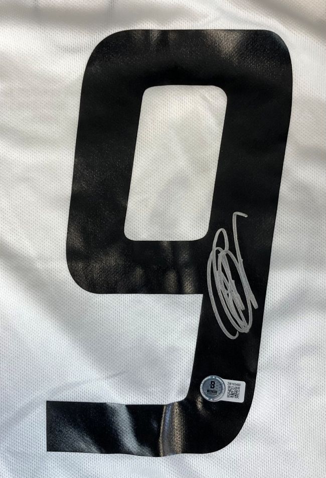 A Filippo Inzaghi Signed AC Milan Adidas 2003 Champions League Soccer Jersey by Sports Integrity features a large black number 9 with a silver autograph and a holographic BAS authentication sticker with QR code on white fabric.