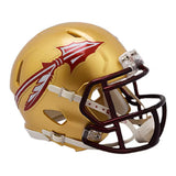The Sports Integrity Florida State Seminoles Mini Speed Helmet features a gold shell, maroon facemask, spear logo on the side, and maroon and white accents.