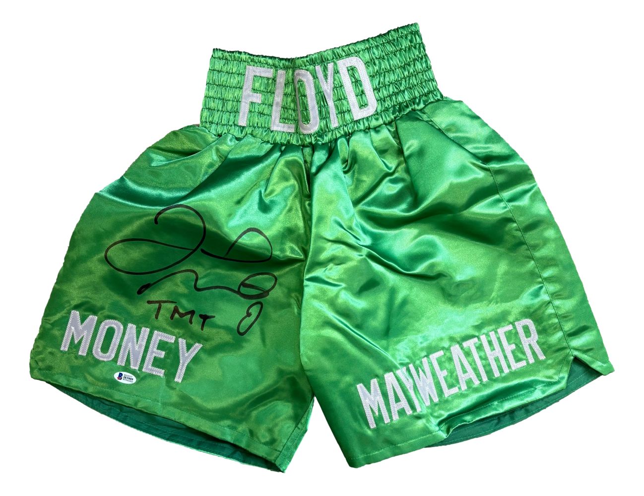 Floyd Mayweather Jr Signed Green Boxing Trunks TMT Inscribed BAS